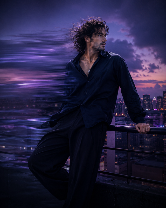 Example result for: Blue Hour Solitude: Rooftop Railing Portrait Prompt