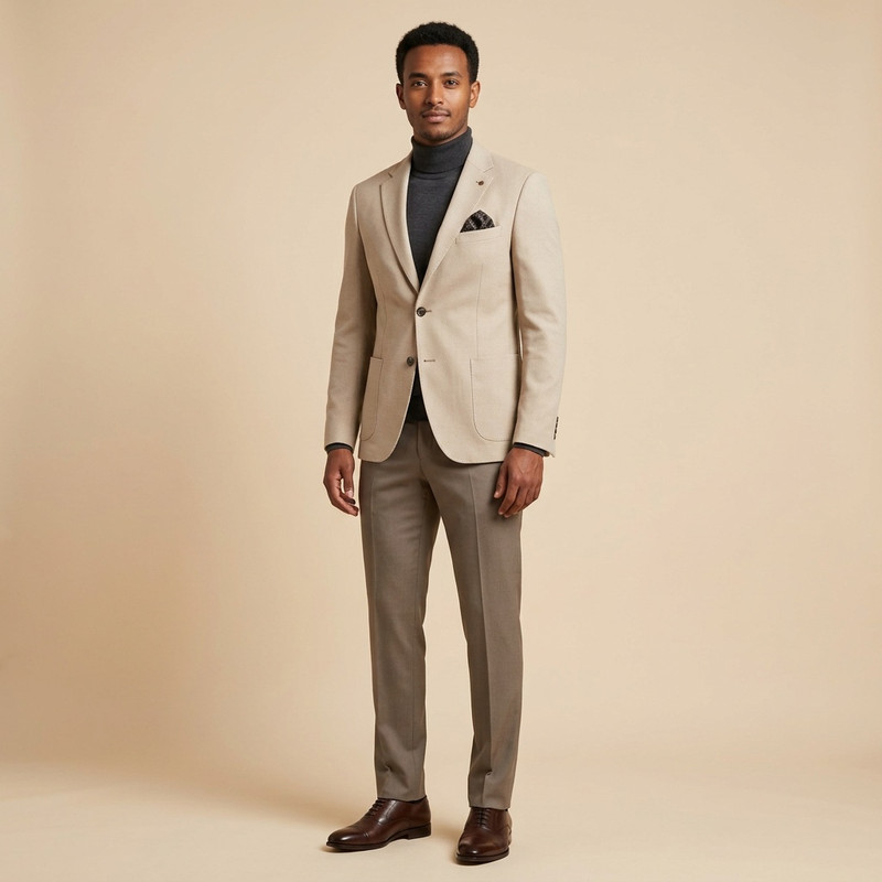 Stylish Ethiopian man in a relaxed casual outfit showcasing premium men fashion in a studio background
