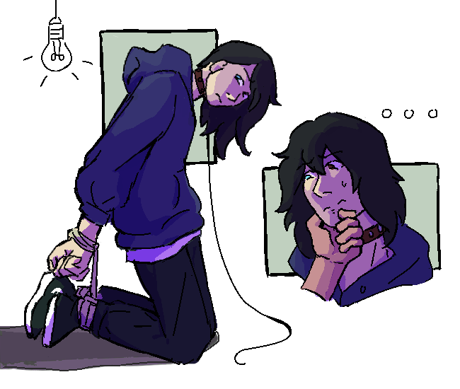 Digital artwork of the giftee's OC, Michael. On the left side, he's bound and on his knees. On the right, there's a headshot of someone tilting his chin towards them. He's wearing a collar. This version lacks the green-ish tint, making the colors look brighter and more saturated.
