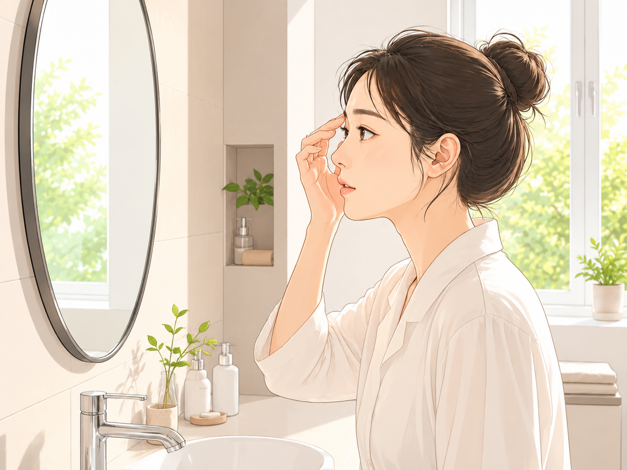 아침 거울 앞에서 얼굴 붓기를 확인하는 여성