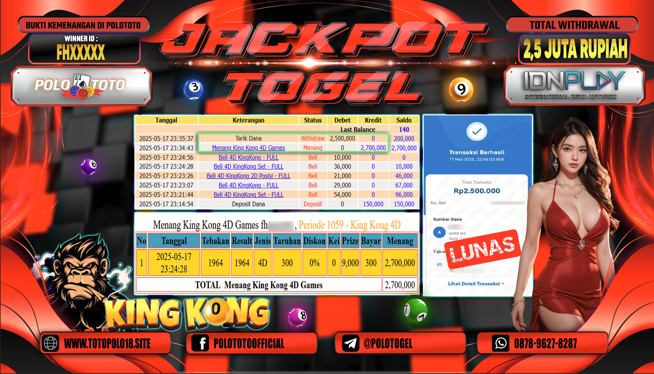 POLOTOTO JACKPOT TOGEL KING KONG Rp.2.500.000,-