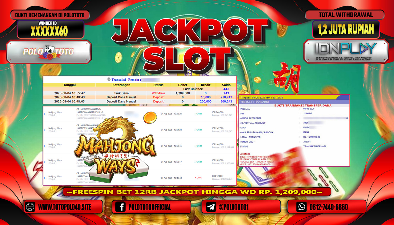POLOTOTO JACKPOT SLOT MAHJONG WAYS Rp.1.200.000,-LUNAS