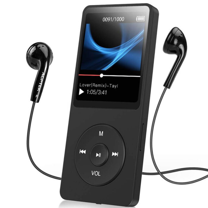 Reproductor MP3 portátil de 8GB color negro con pantalla y botones de control.