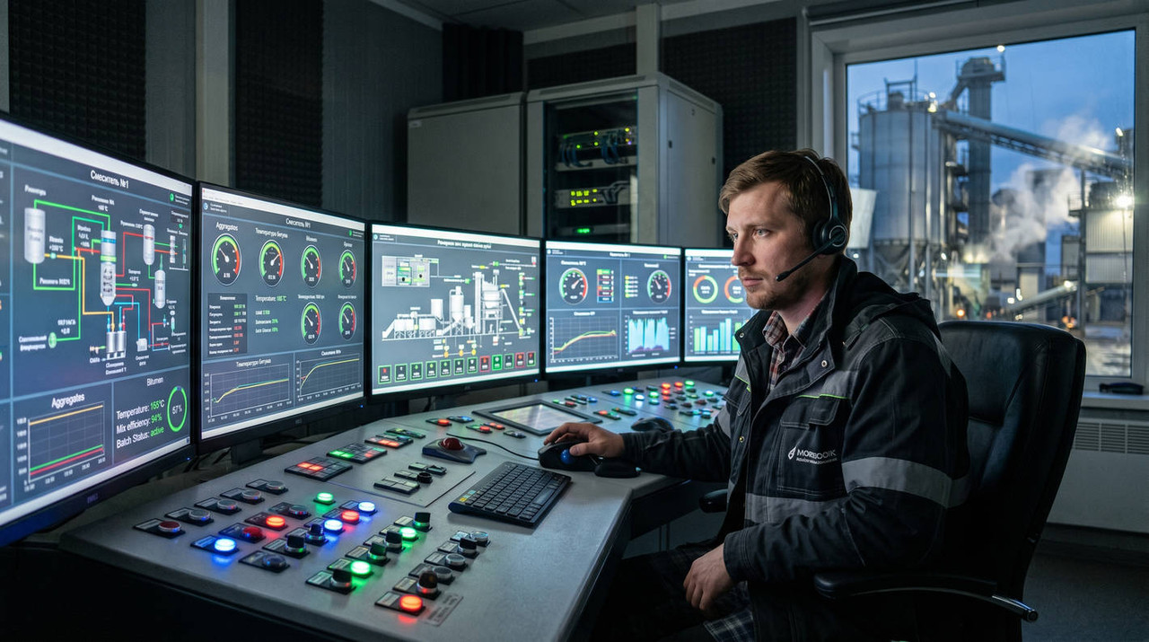 Оператор за пультом управления автоматизированной системой АБЗ осуществляет цифровой контроль точности дозировки компонентов