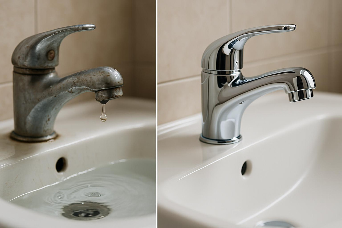 Antes e depois de reparo de vazamento de torneira por encanador em Petrópolis, demonstrando a eficiência do serviço.
