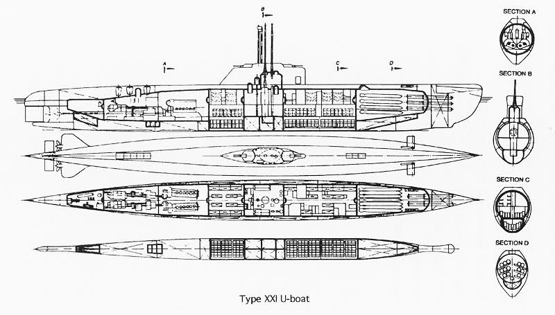 Diagrama realizado por la Marina de los EE.UU. de un U-boat Tipo XXI Diagrama realizado por la Marina de los EE.UU. de un U-boat Tipo XXI