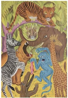 A postcard from London Zoo featuring colourful stylised animals including a monkey and a zebra