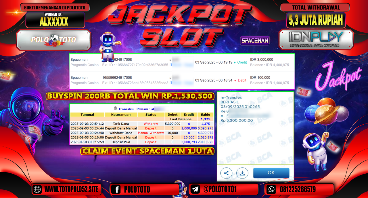 POLOTOTO JACKPOT SLOT SPACEMAN Rp.5.300.000,-