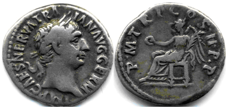 Denario de Trajano. P M TR P COS II P P. Victoria sedente a izq. Roma. 1