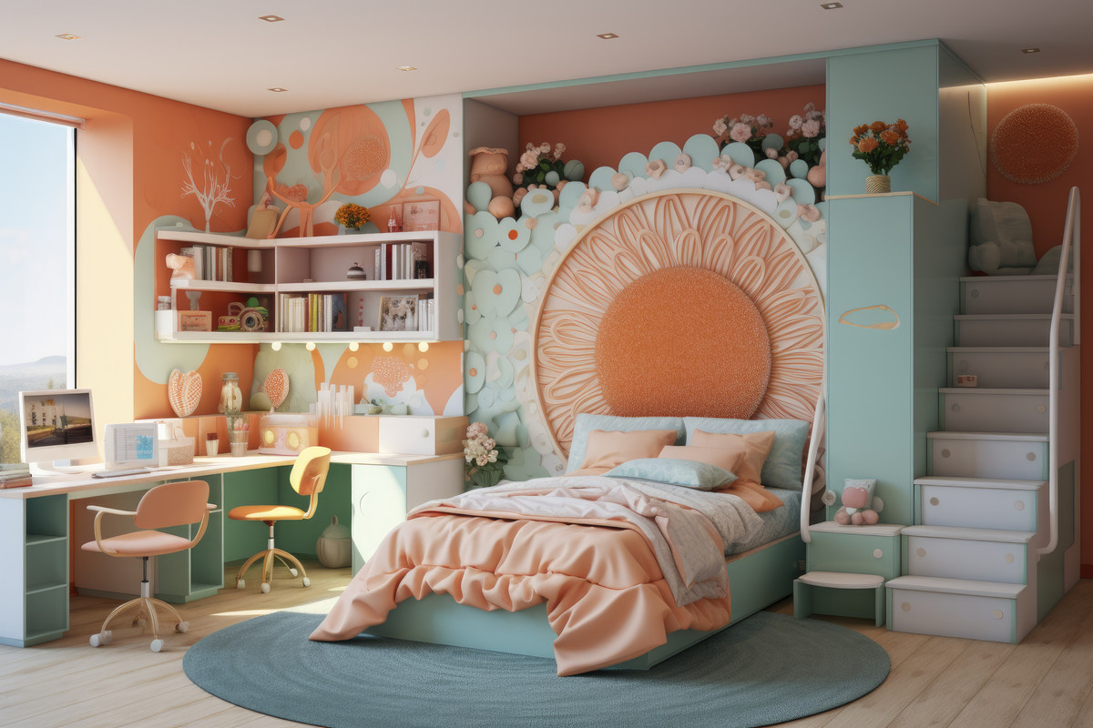 Eclectic Kids Room Design For Girls With Teal And Red Storage Units