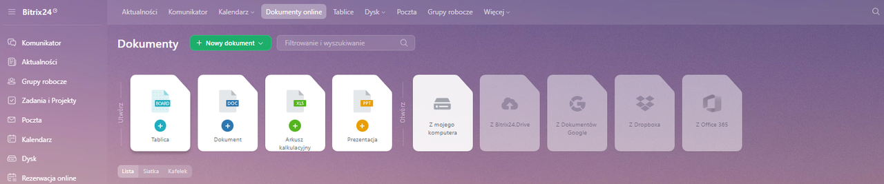 Szablon analizy SWOT w Bitrix24 Tablicach, wypełniony przykładami.