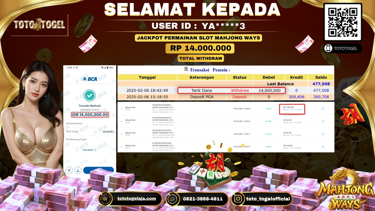 Bukti Pembayaran Jackpot  Permainan Slot Mahjong ways  ID:YA*****3  LUNAS