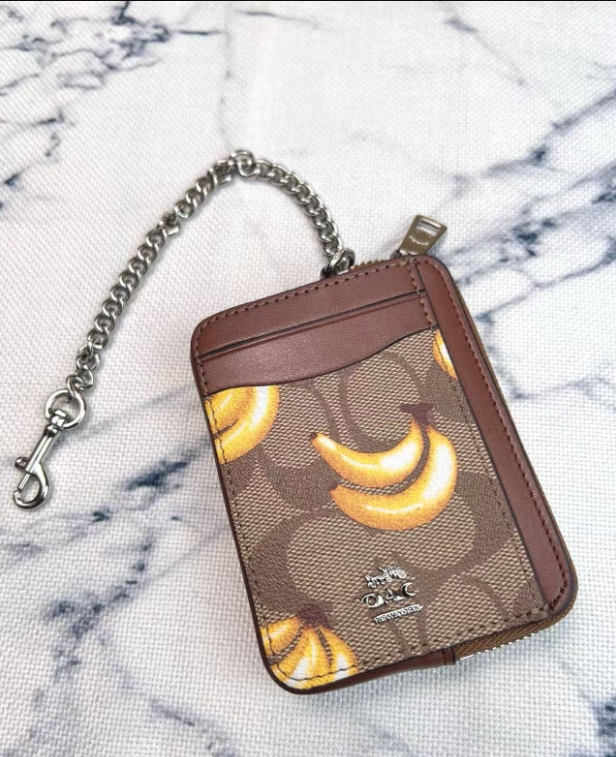 2 Pack Women's Mini Zip Card Holder & Coin Purse with Keychain - Signature Banana & Red Cherry Print - Cute Compact ID Wallet for Summer & Travel