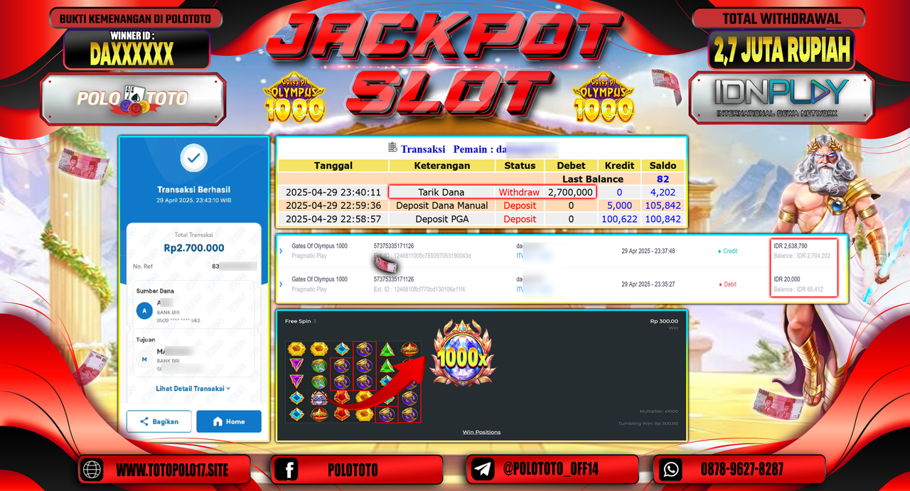 POLOTOTO JACKPOT SLOT GATES OF OLYMPUS 1000 Rp.2.700.000,-