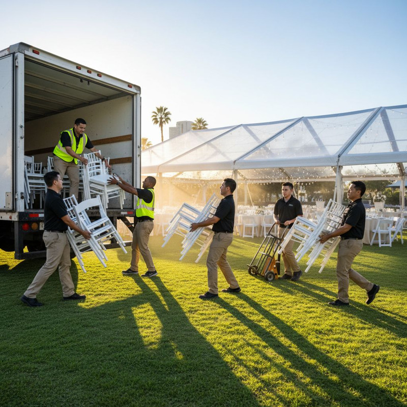 Процесс профессиональной доставки и расстановки мебели на площадке, подготовка к банкету и проверка рассадки.