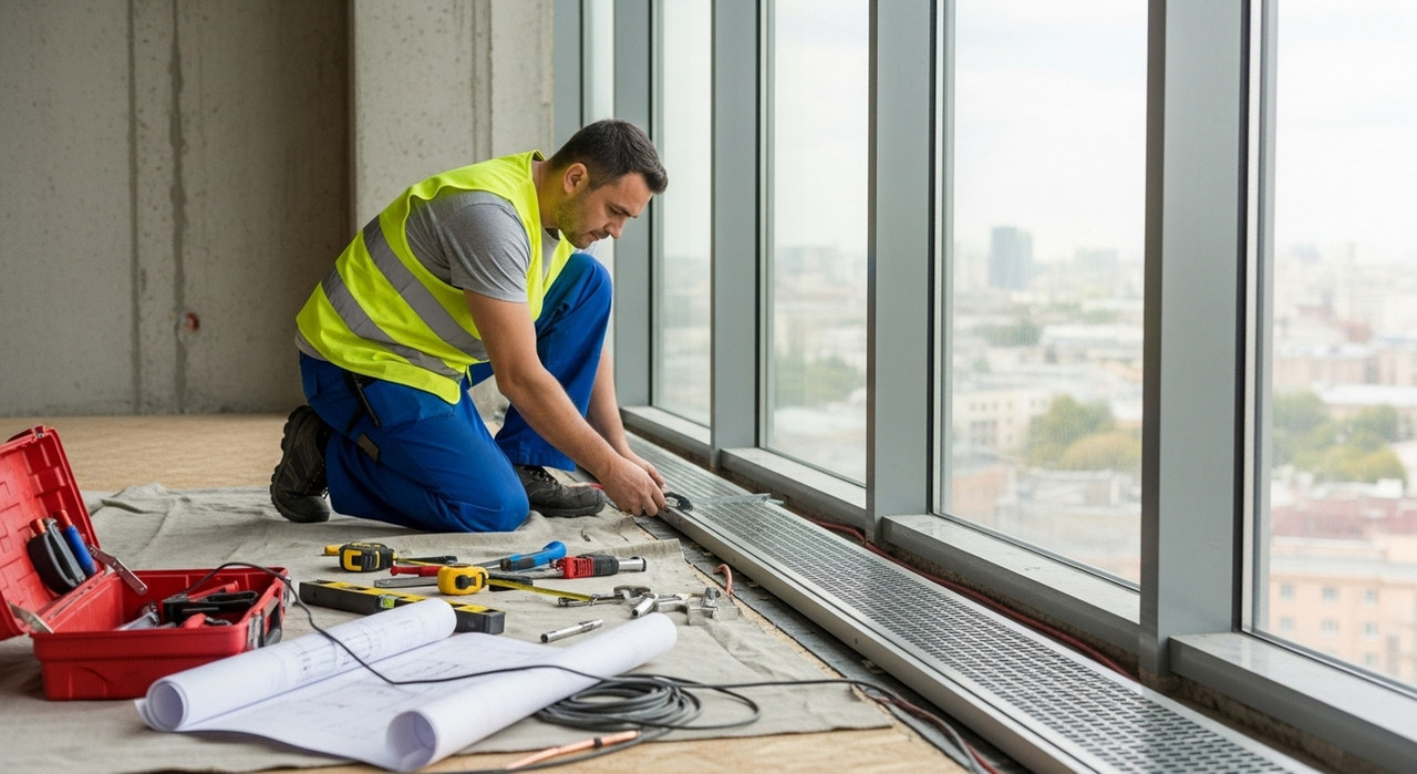 Профессиональный монтаж внутрипольного конвектора отопления в помещении