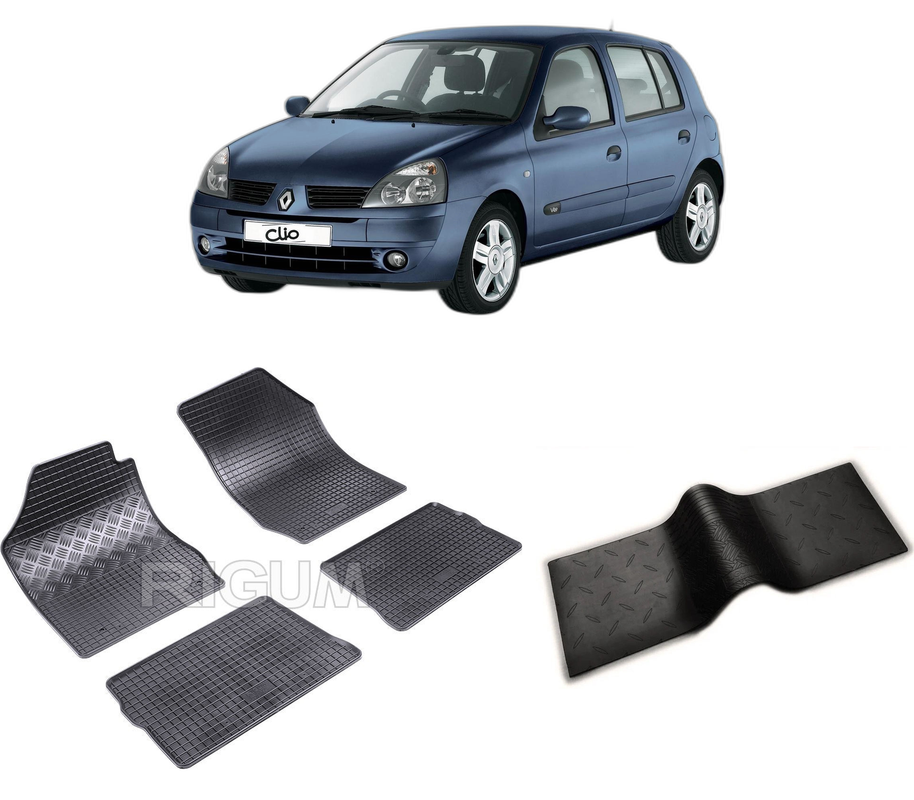 Set covorase auto RENAULT CLIO II din 1998-08.2005, cu covoras tunel median, CAROSERIE HATCHBACK, Presuri cauciuc 100%, compatibil cu autoturismul RENAULT CLIO II, Rigum