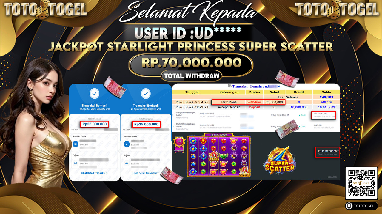 Bukti Pembayaran Jackpot Slot Starlight Princess Super Scatter ID:UD*****LUNAS