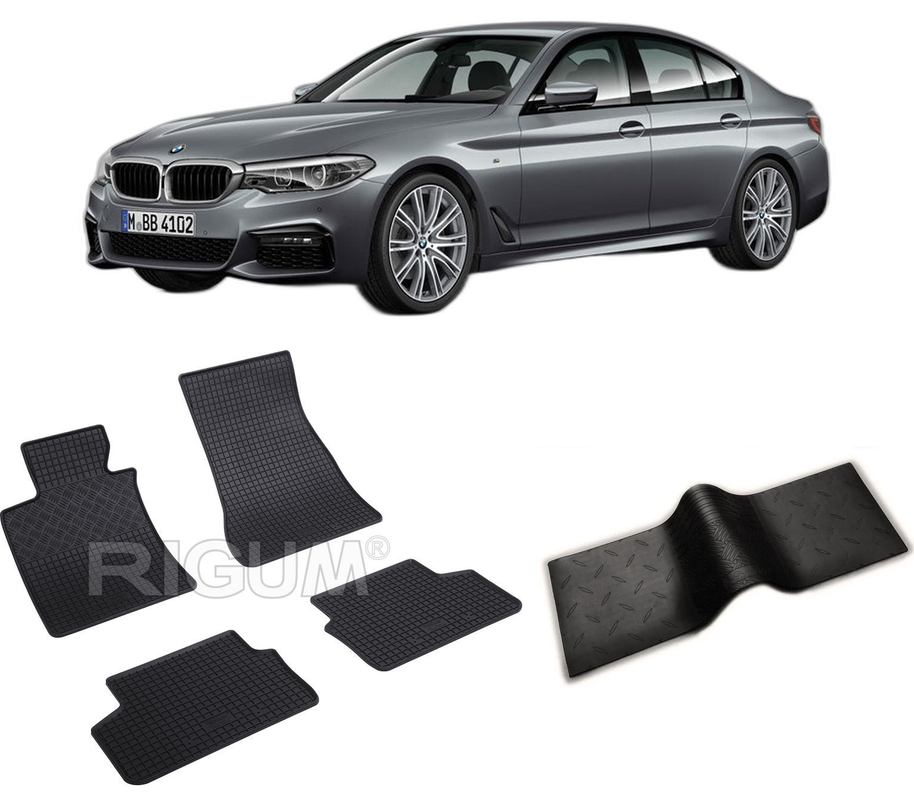 Set covorase auto BMW SERIA 5 G30 din 02.2017-09.2023, cu covoras tunel median, CAROSERIE SEDAN, Presuri cauciuc 100%, compatibil cu autoturismul BMW SERIA 5 G30, Rigum