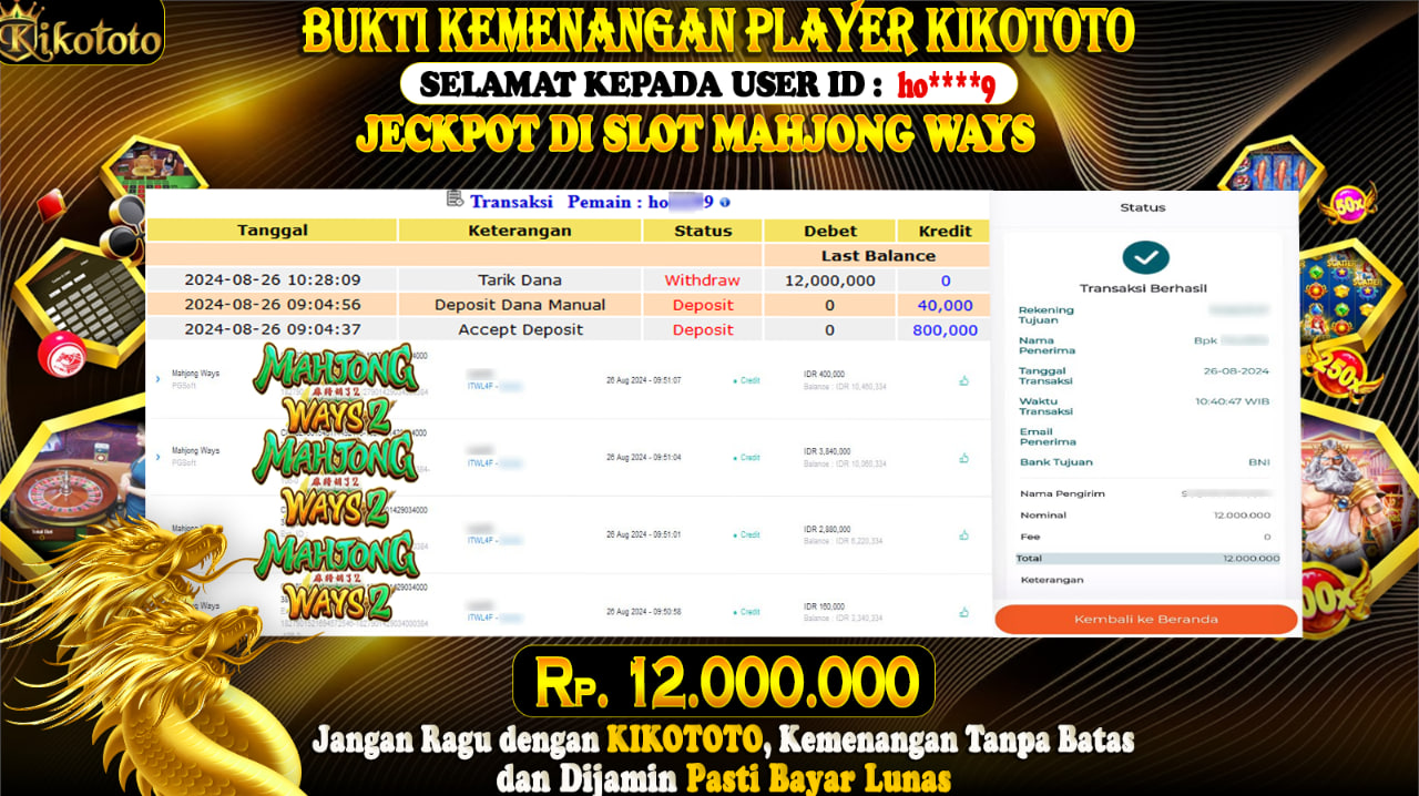 JECKPOTT !!! MENANG PULUHAN JUTA DI SLOT ONLINE MAHJONG WAYS  SEBESAR Rp 12,000,000 LANGSUNG DI BAYAR KIKOTOTO !!!!