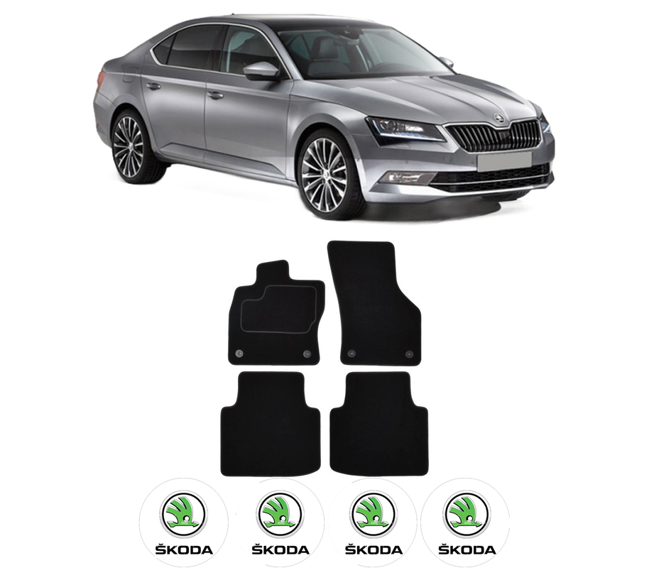 Set Covorase Presuri SKODA SUPERB III (3V3) din 2015-2024, Auto, Material Textil Mocheta, 4 Stickere auto cu SKODA