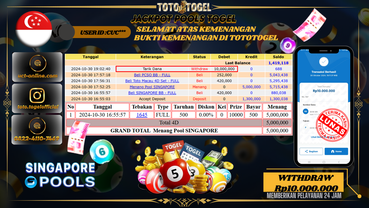 Bukti Pembayaran Permainan  Jackpot Togel Pools Singapore ID:CUC*** LUNAS 