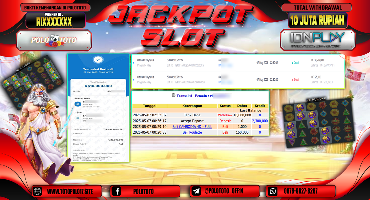 POLOTOTO JACKPOT SLOT GATES OF OLYMPUS Rp.10.000.000,-