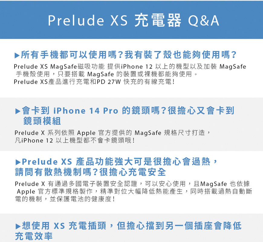 Prelude XS 充電器 Q&A▶ 所有手機都可以使用嗎?我有裝了殼也能夠使用嗎?Prelude XS MagSafe磁吸功能提供iPhone 12 以上的機型以及加裝 MagSafe手機殼使用,只要搭載MagSafe 的裝置或都能夠使用。Prelude XS產品進行充電和PD27W 快充的有線充電!▶ 會卡到 iPhone 14 Pro 的鏡頭嗎?很擔心又會卡到鏡頭模組Prelude X 系列依照 Apple 官方提供的 MagSafe 規格尺寸打造,iPhone 12 以上機型都不會卡鏡頭哦!▶Prelude XS 產品功能強大可是很擔心會過熱,請問有散熱機制嗎?很擔心充電安全Prelude X 有通過多國電子裝置安全認證,可以安心使用,且MagSafe 也依據Apple 官方標準規格製作,精準對位大幅降低熱能產生,同時搭載過熱自動斷電的機制,並保護電池的健康度!▶ 想使用 XS 充電插頭,但擔心擋到另一個插座會降低充電效率