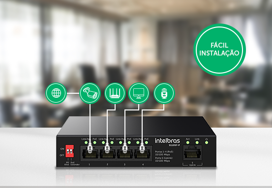 Switch Intelbras S1105F-P com destaque para a instalação Plug & Play.
