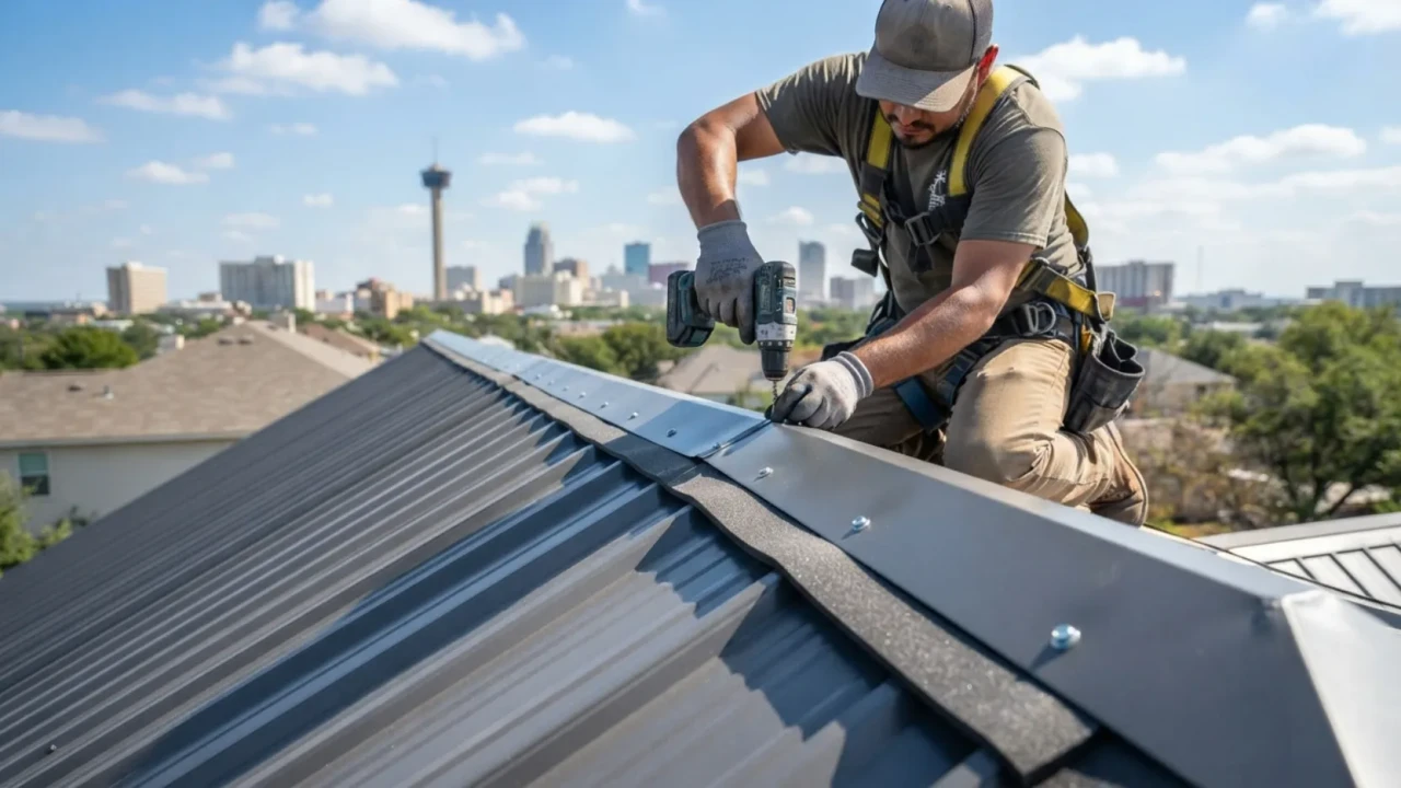 Metal roof ridge cap installation closure strip San Antonio Texas
