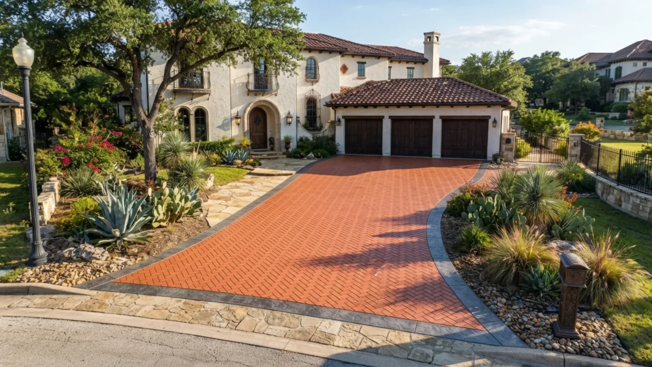 Herringbone brick stamped concrete driveway San Antonio Texas