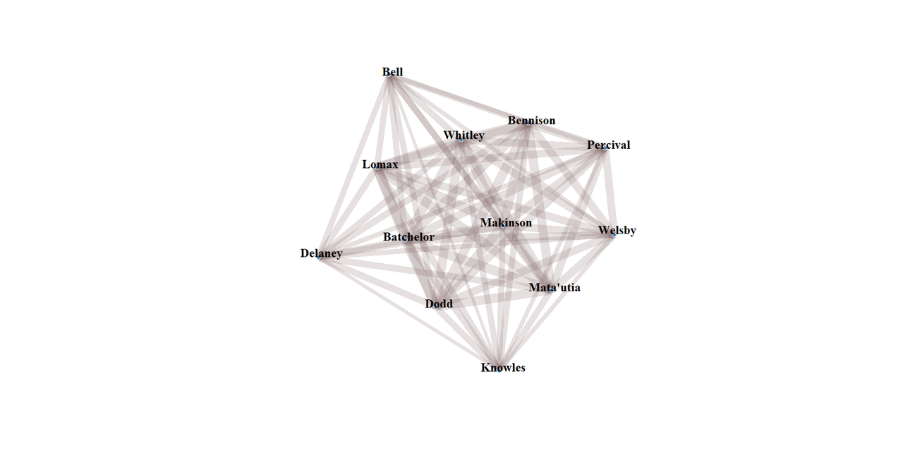 Network graph, Bell, Delaney and Knowles are the outliers.  That might explain why some of the crossing points for Knowles are pale in the matrix diagram.
