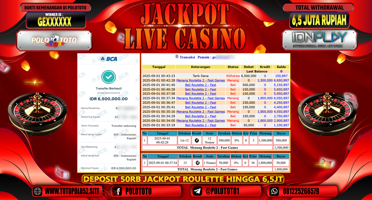 POLOTOTO JACKPOT LIVE CASINO ROULETTE Rp.6.500.000,-