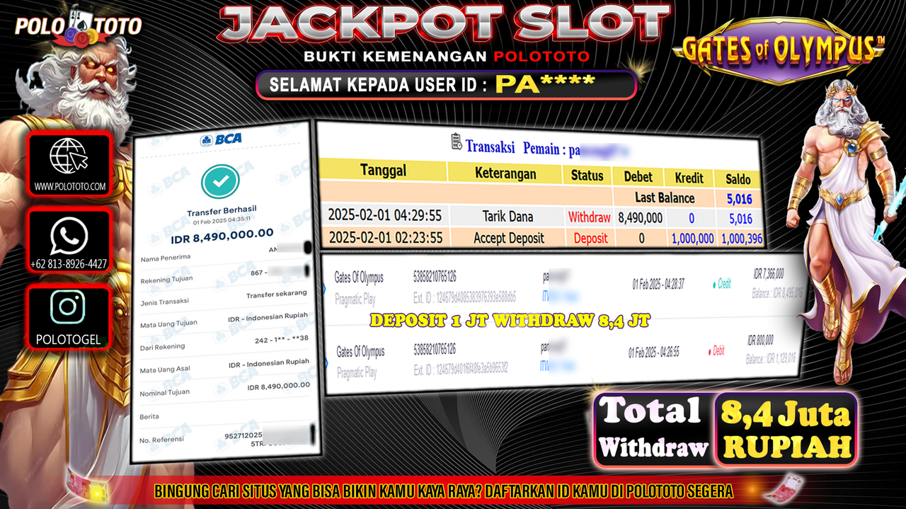 POLOTOTO JACKPOT SLOT GATES OF OLYMPUS Rp.8,490.000,-