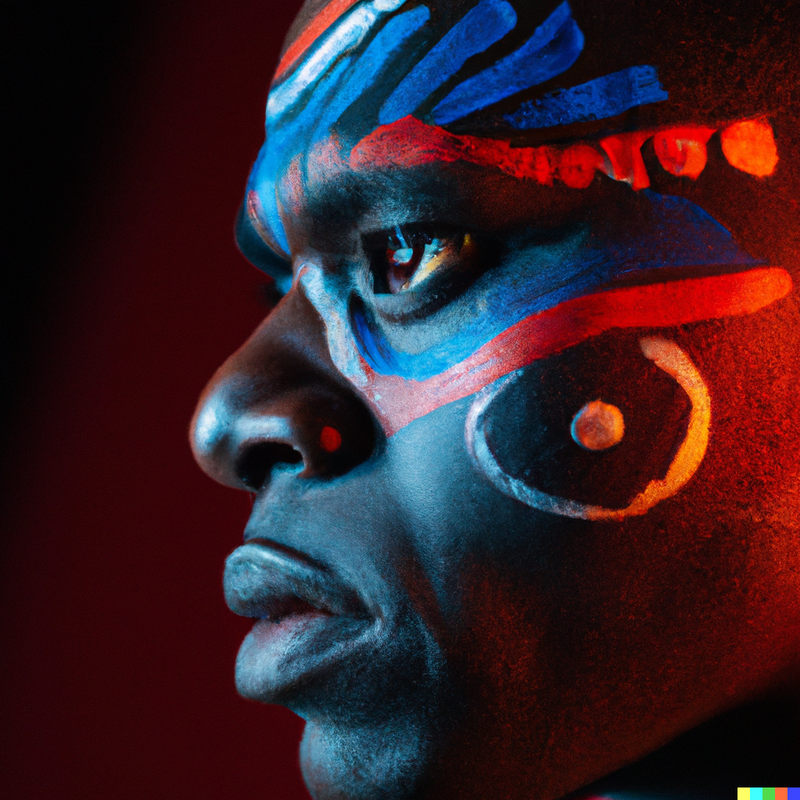 DALL·E 2022-11-04 10.39.26 - portrait photo of a asia old warrior chief, tribal panther make up, blu