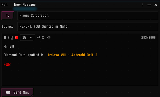 Sample of FOB Reporting in EVE Mail
