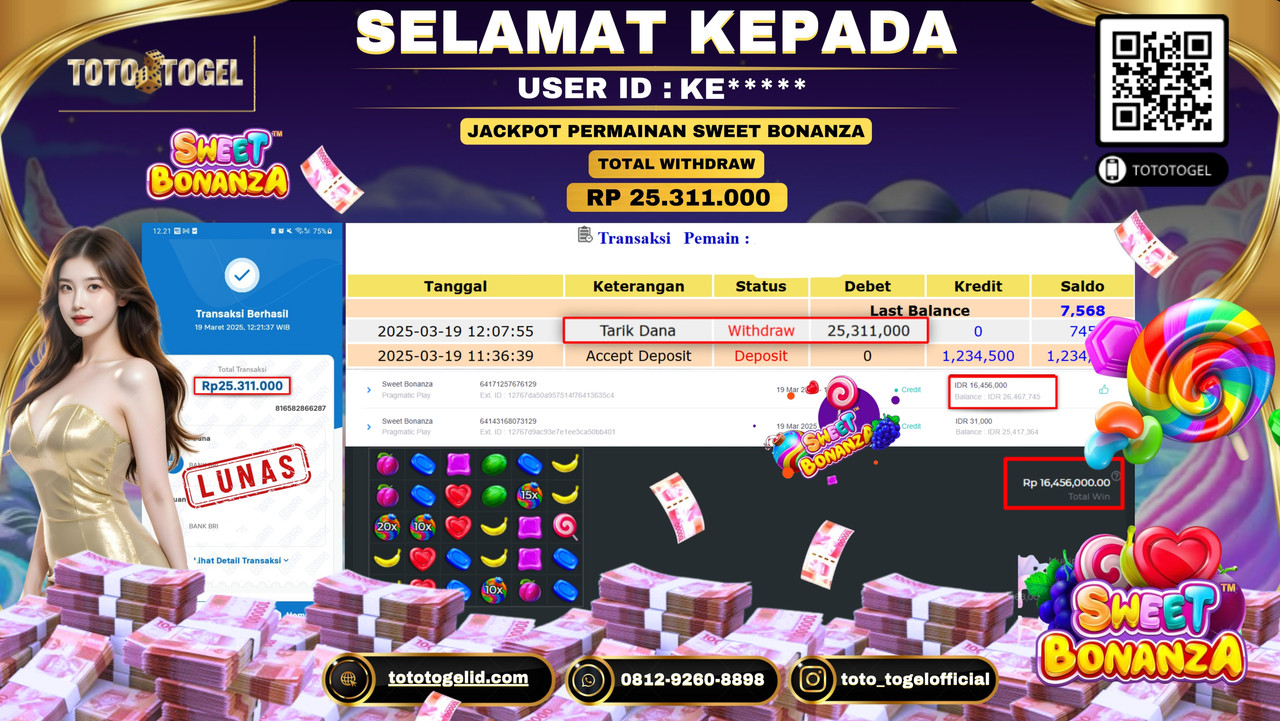 Bukti Pembayaran Jackpot  Permainan Slot Sweet Bonanza ID:KE***** LUNAS