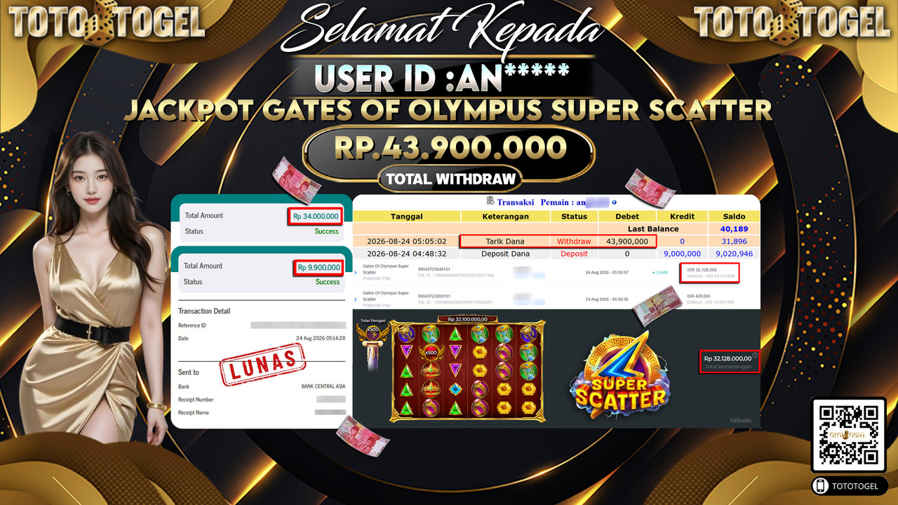 Bukti Pembayaran Jackpot Slot Gates Of Olympus Super Scatter ID:AN*****LUNAS