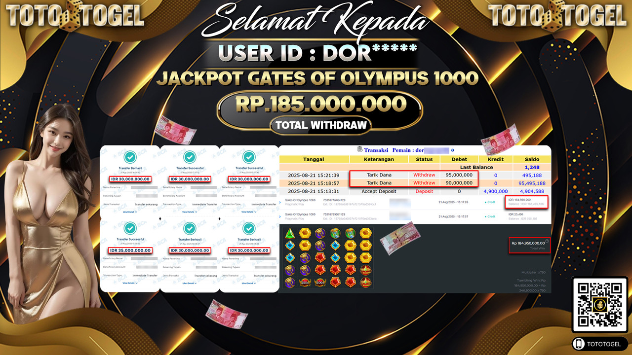 Bukti Pembayaran Jackpot Permainan Slot Gates Of Olympus 1000 ID:DOR***** LUNAS