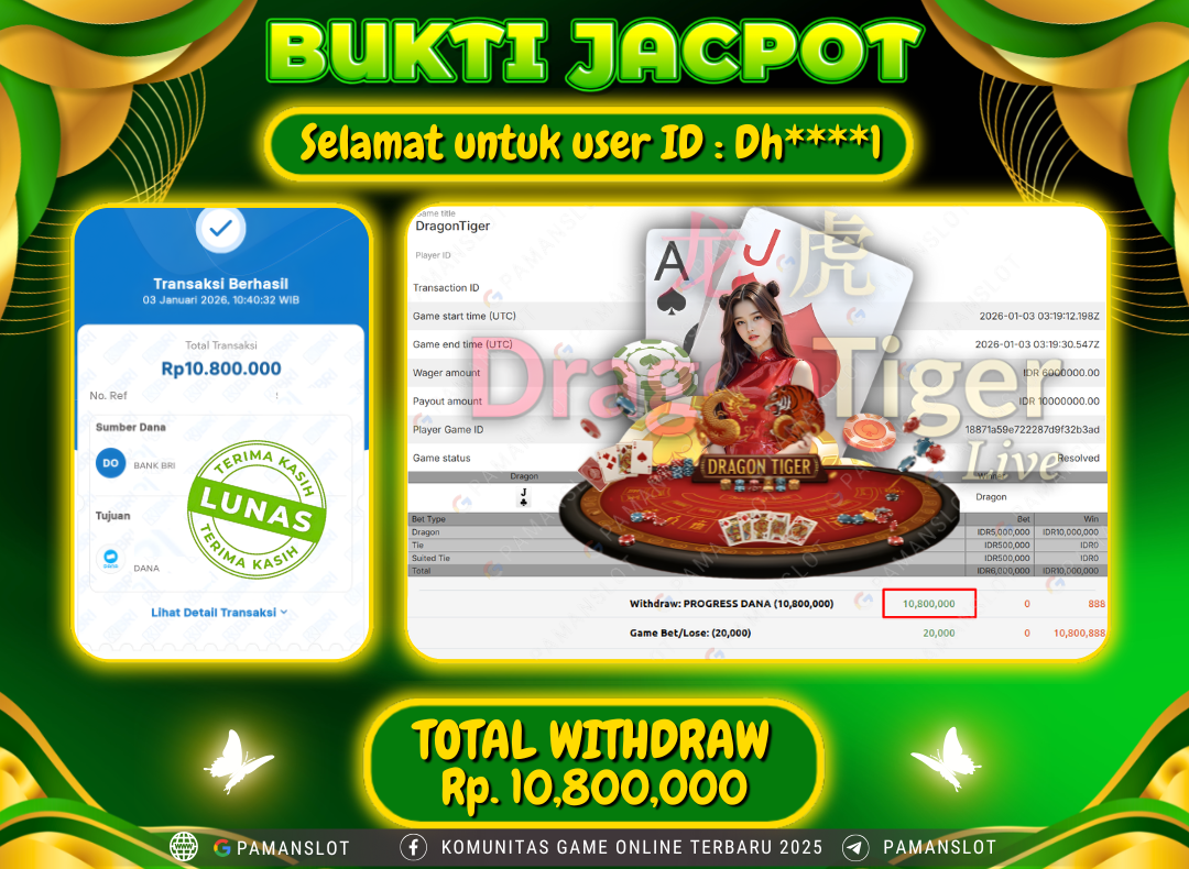 PAMANSLOT JACKPOT Game Live Games EVO-Dragon Tiger Rp.10,800,000- LUNAS