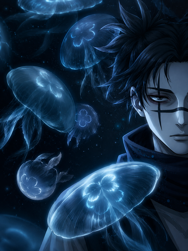 Choso con medusas azules estilo trama de manga texturizada