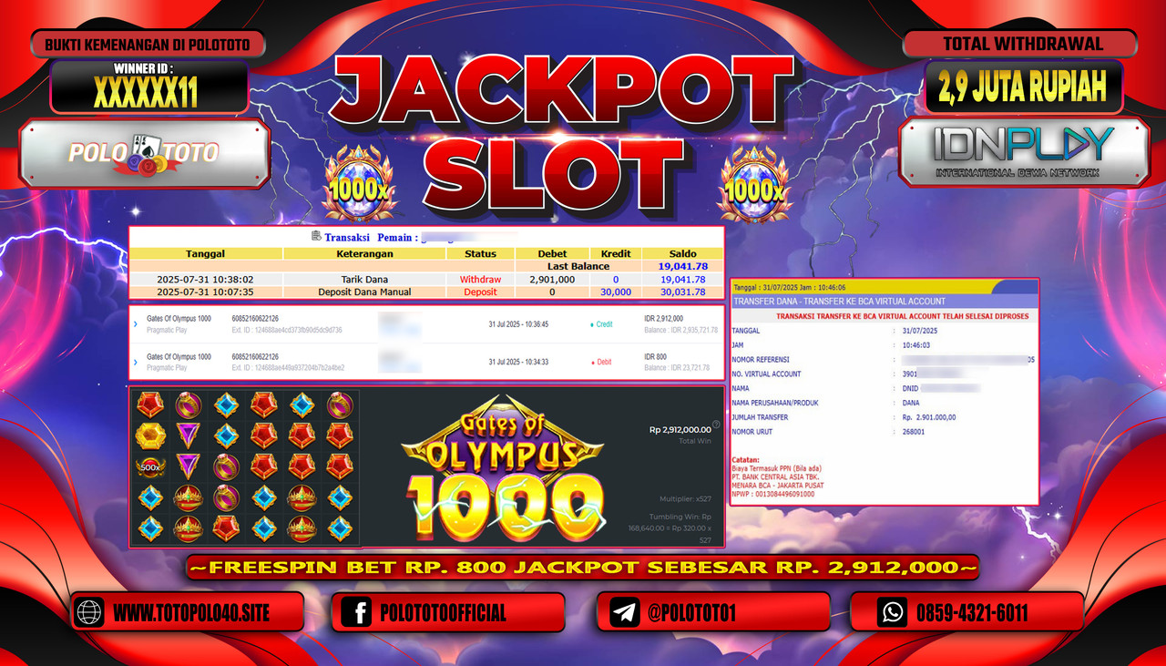 POLOTOTO JACKPOT SLOT GATES OF OLYMPUS 1000 Rp.2.900.000,-LUNAS