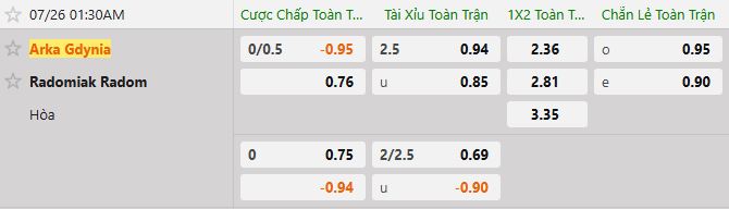Soi kèo tài xỉu cả trận Arka Gdynia vs Radomiak Radom