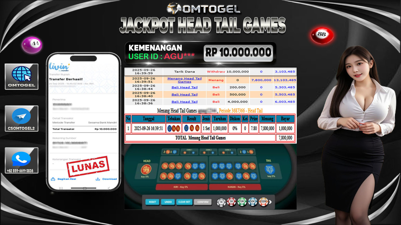 OMTOGEL JACKPOT LIVE GAMES HEAD TAIL 10 JUTA DI BAYAR LUNAS ,-