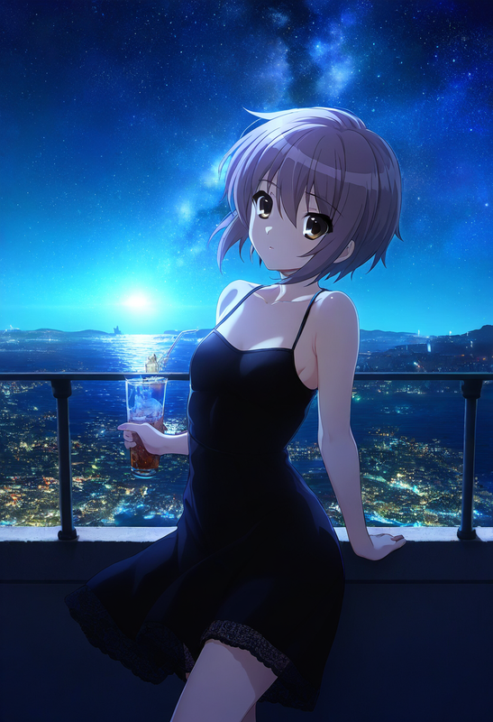 1girl, nagato yuki (suzumiya haruhi no yuuutsu), black dress, Leaning on a rooft s-3297672715