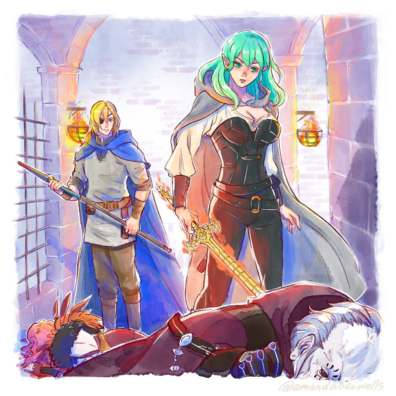 Dimitri holds a lance and stands above Cornelia's body. He is staring at Byleth, who is holding a glowing sword and now has green hair and slightly pointed ears.