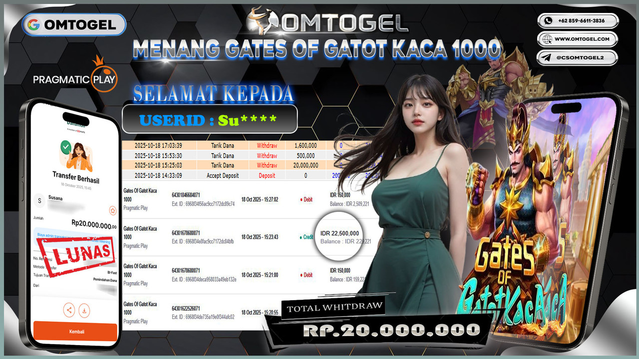 OMTOGEL JACKPOT PRAGMATIC PLAY GATES OF GATOTKACA 1000 20 JUTA DI BAYAR LUNAS ,-