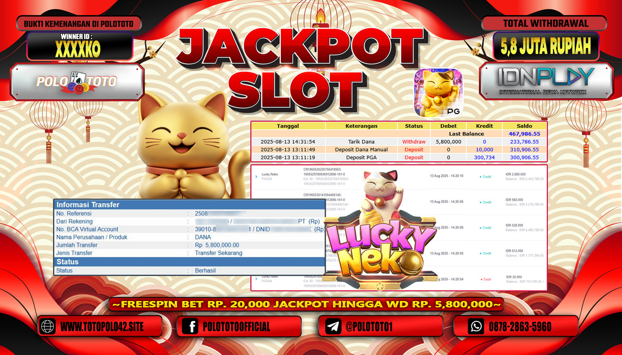 POLOTOTO JACKPOT SLOT LUCKY NEKO Rp.5.800.000,-LUNAS