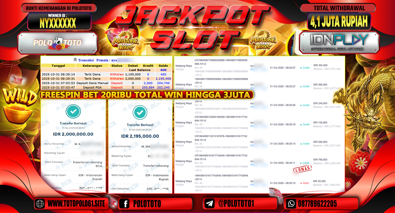 POLOTOTO JACKPOT SLOT MAHJONG WAYS 2 Rp.4.100.000,- LUNAS