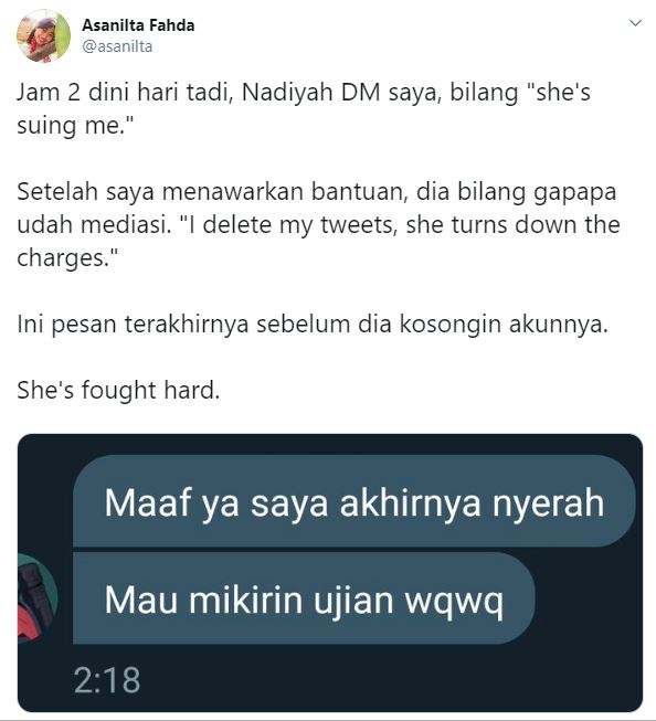 Tweet @asnilta terkait dugaan 'intimidasi' dari Awkarin